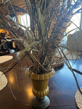 Decorative rustic gold Ceramic Urn with Natural Feather Arrangement